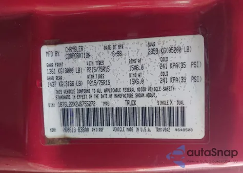 1998 Dodge Dakota Slt/Sport z USA, uszkodzony, nr VIN 1B7GL22X2WS755272